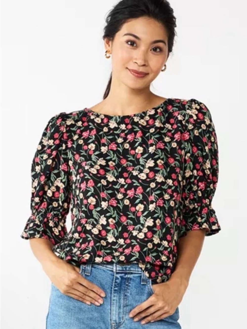 Draper James RSVP Cinched Elbow Sleeve Floral Top Large New
